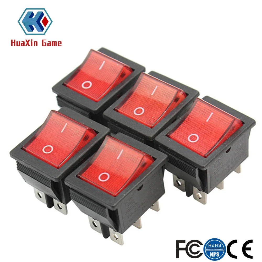 Power Rocker Switches for Arcade Game Cabin Console, Press Button, On-Off, Square Toggles, AC 250V, 20A, 5 Pcs