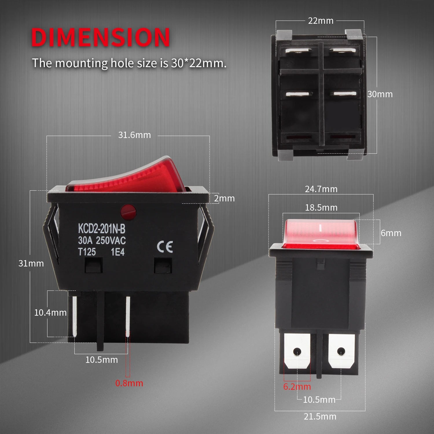 Rocker Switch ON OFF 5PCS 30A 250V Heavy Duty 4 Pin With Red Lighted 220V