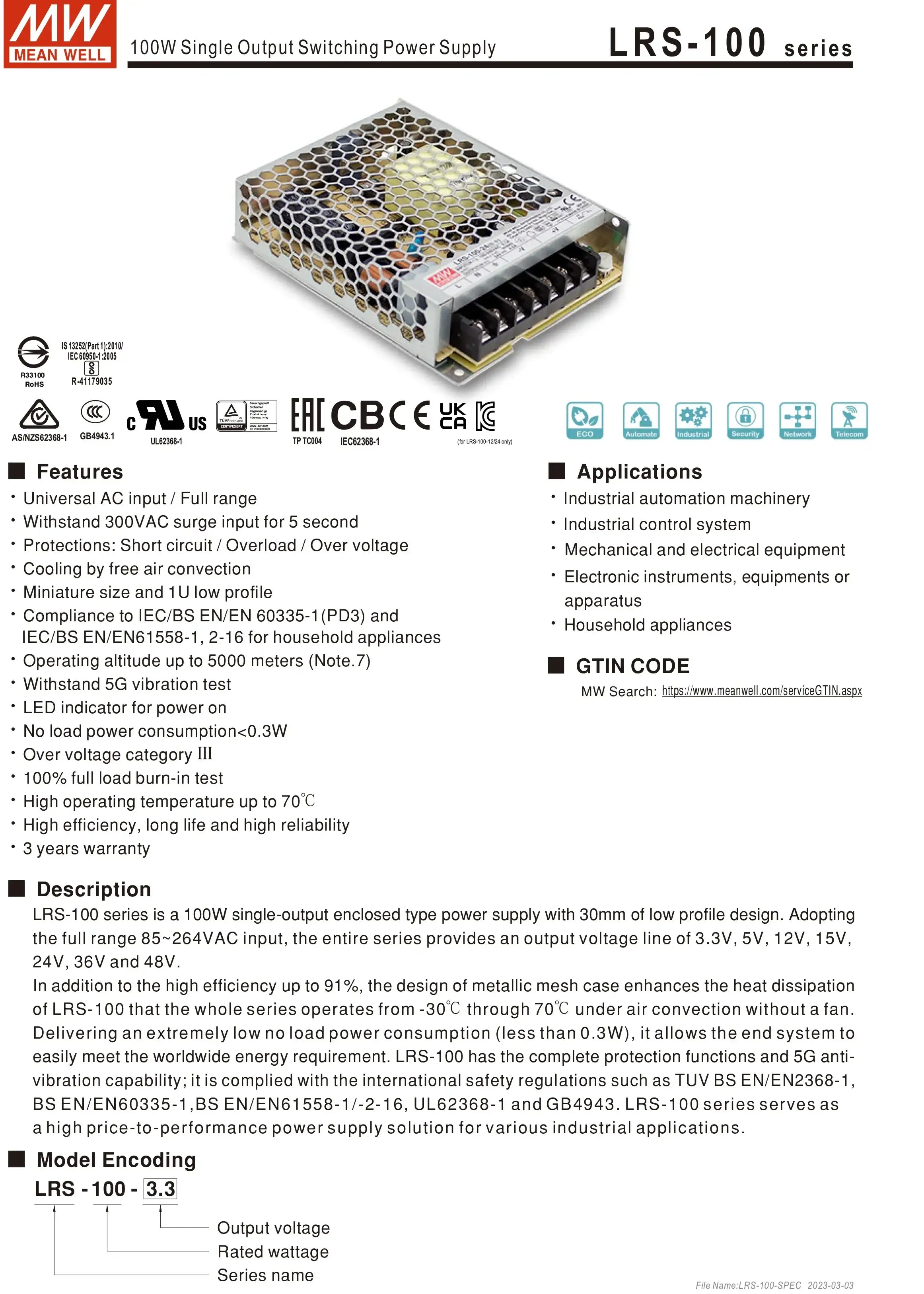 Mean Well AC to DC SMPS Meanwell 5V 12V 15V 24V 48V LRS-50/75/100/150/200/350/450/600 LED Switching Power Supply