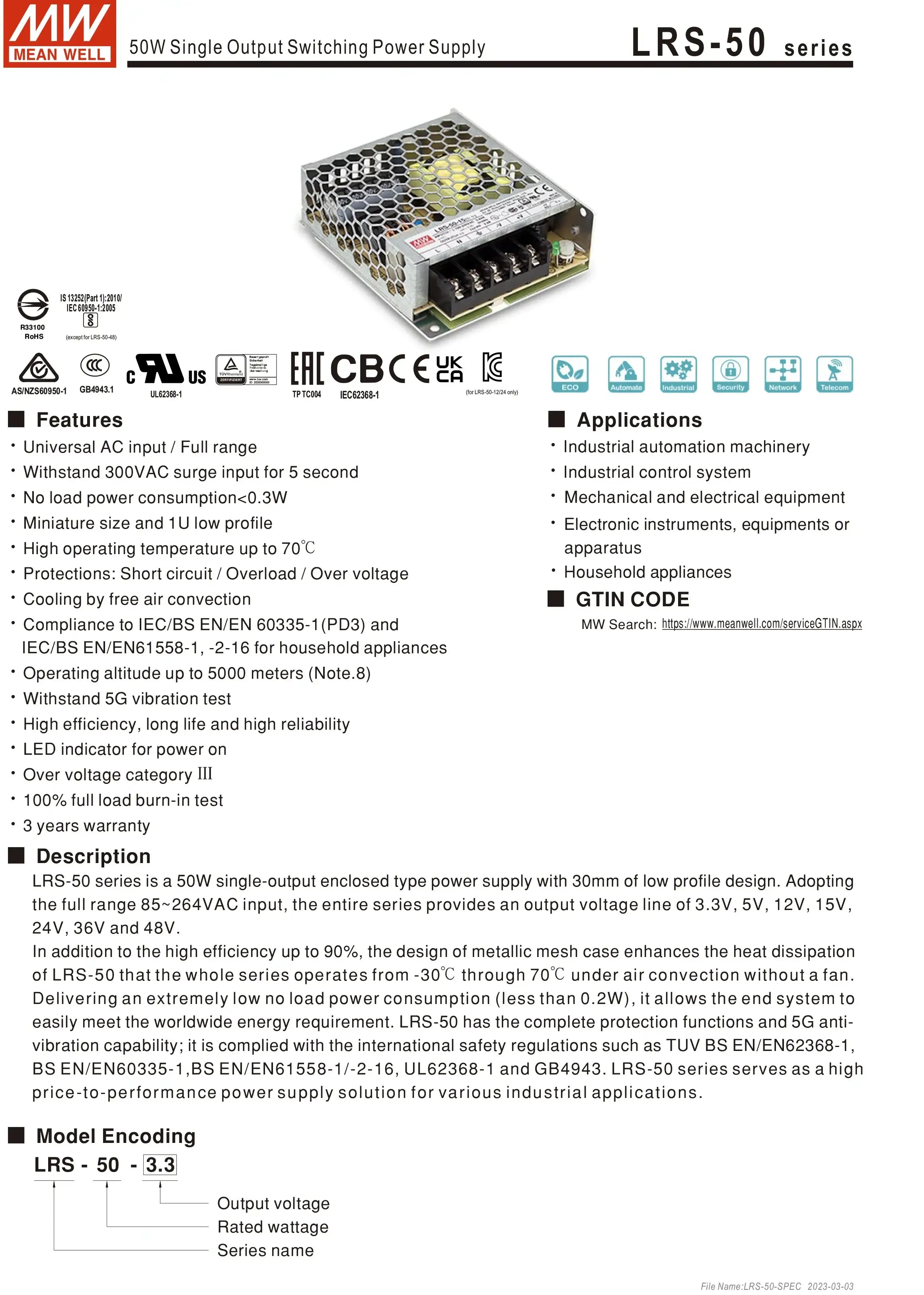 Mean Well AC to DC SMPS Meanwell 5V 12V 15V 24V 48V LRS-50/75/100/150/200/350/450/600 LED Switching Power Supply