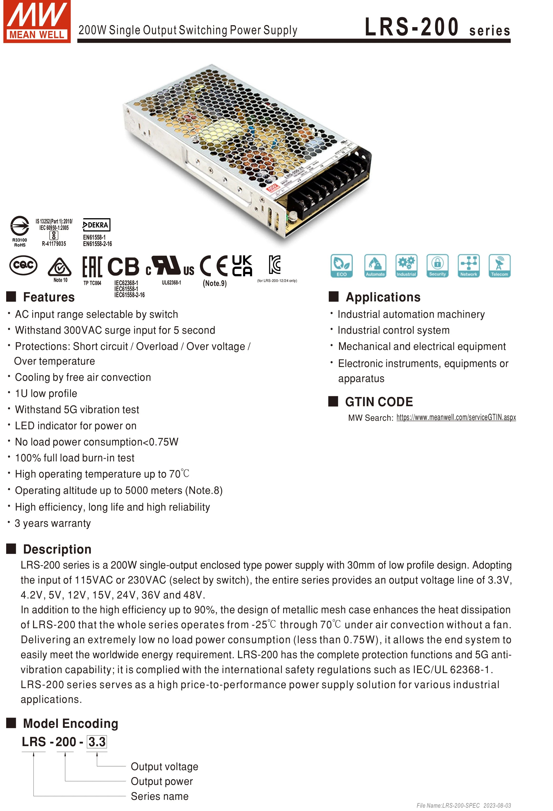 Mean Well AC to DC SMPS Meanwell 5V 12V 15V 24V 48V LRS-50/75/100/150/200/350/450/600 LED Switching Power Supply