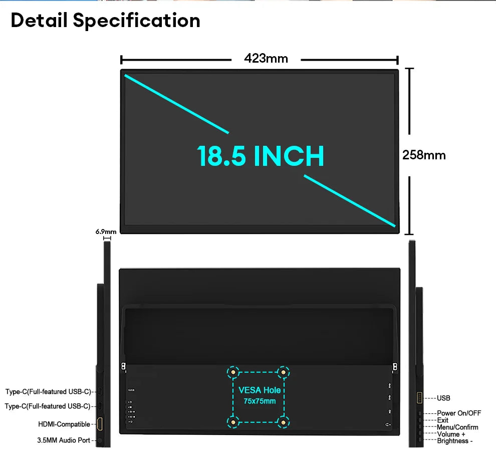 18.5inch 1920*1080P 100Hz HDMI Type C Gaming Portable Monitor