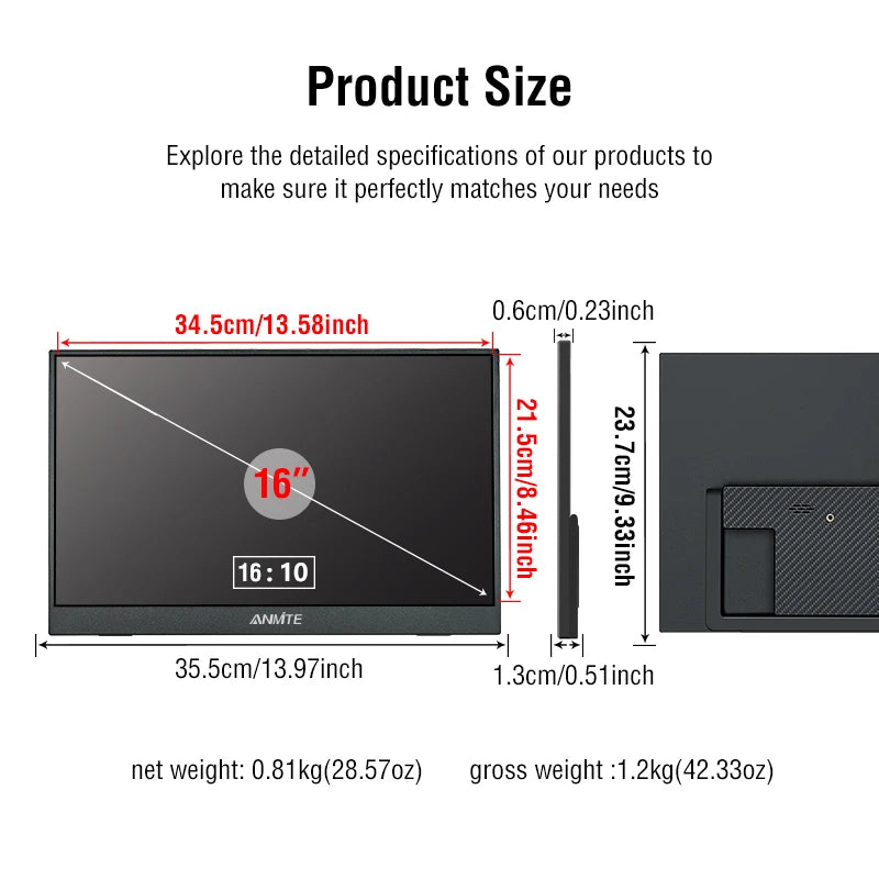 16-Inch Portable Touch Monitor Non-touch optional 1200P HDR 16:10