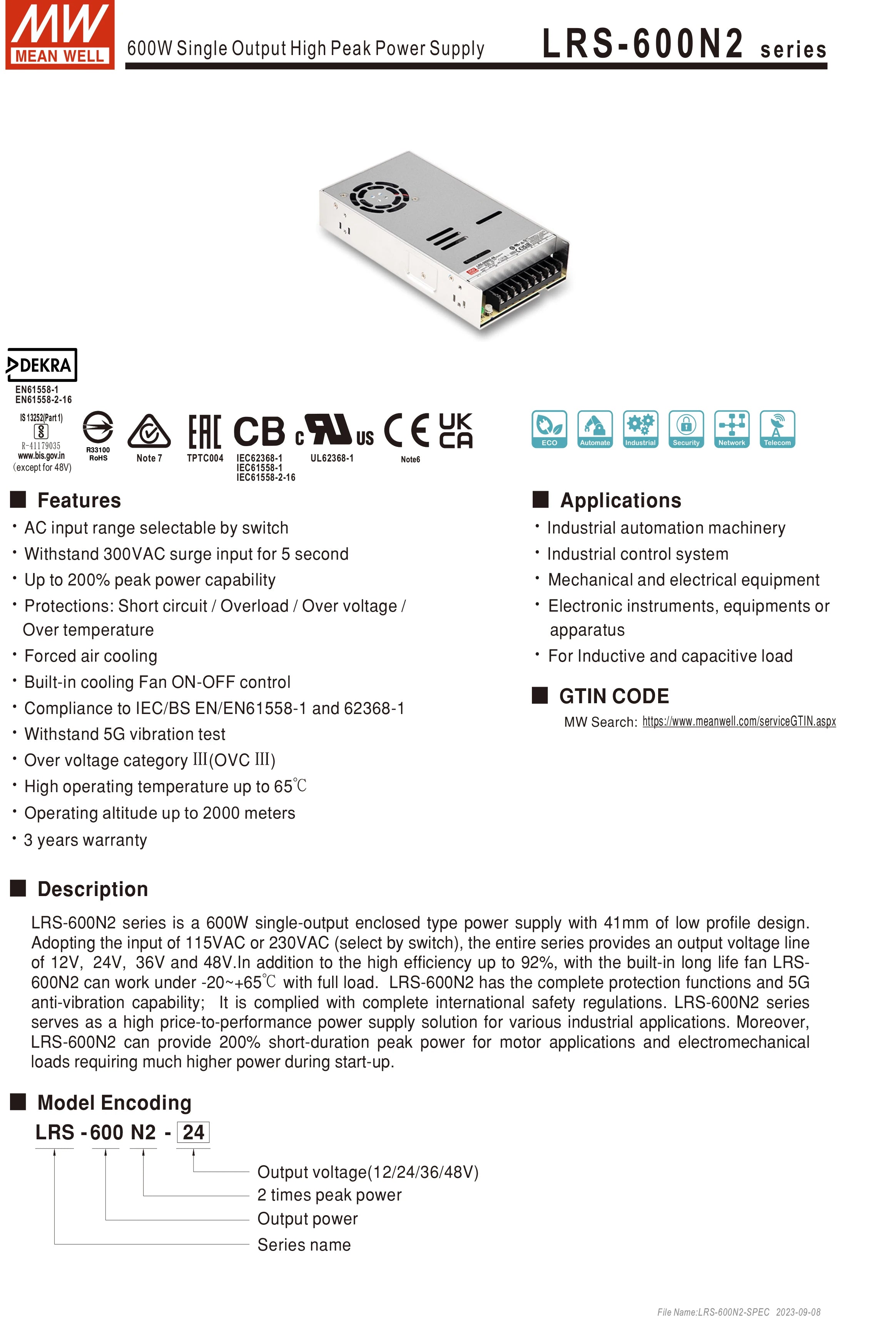 Mean Well AC to DC SMPS Meanwell 5V 12V 15V 24V 48V LRS-50/75/100/150/200/350/450/600 LED Switching Power Supply