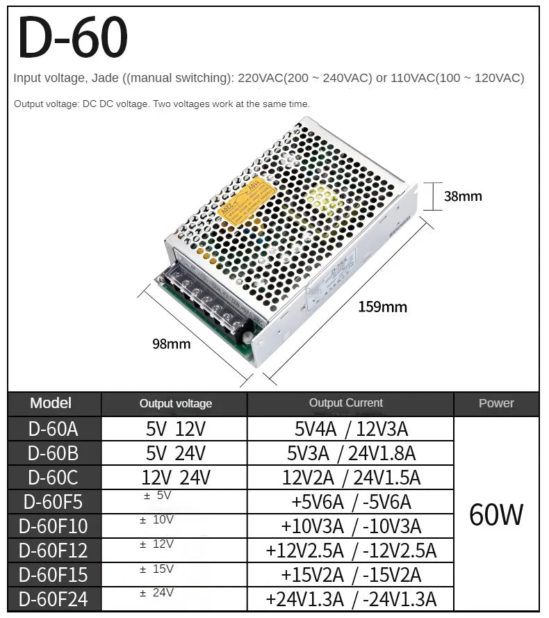 Dual Output Switching Power Supply 5V 12V 24V AC/DC Transformer