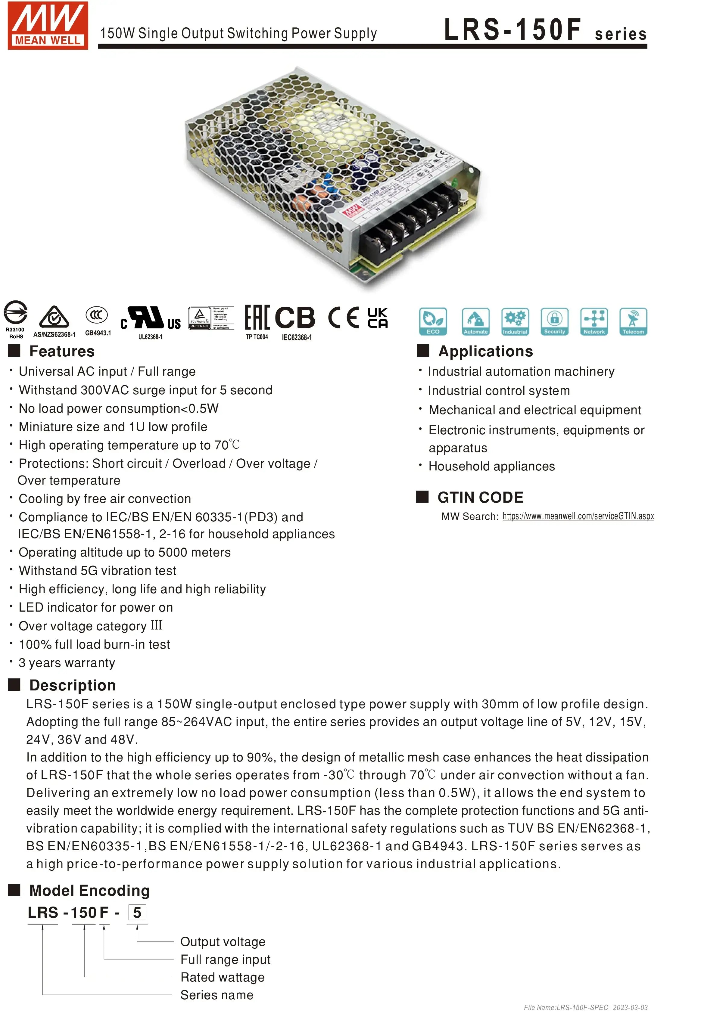 Mean Well AC to DC SMPS Meanwell 5V 12V 15V 24V 48V LRS-50/75/100/150/200/350/450/600 LED Switching Power Supply