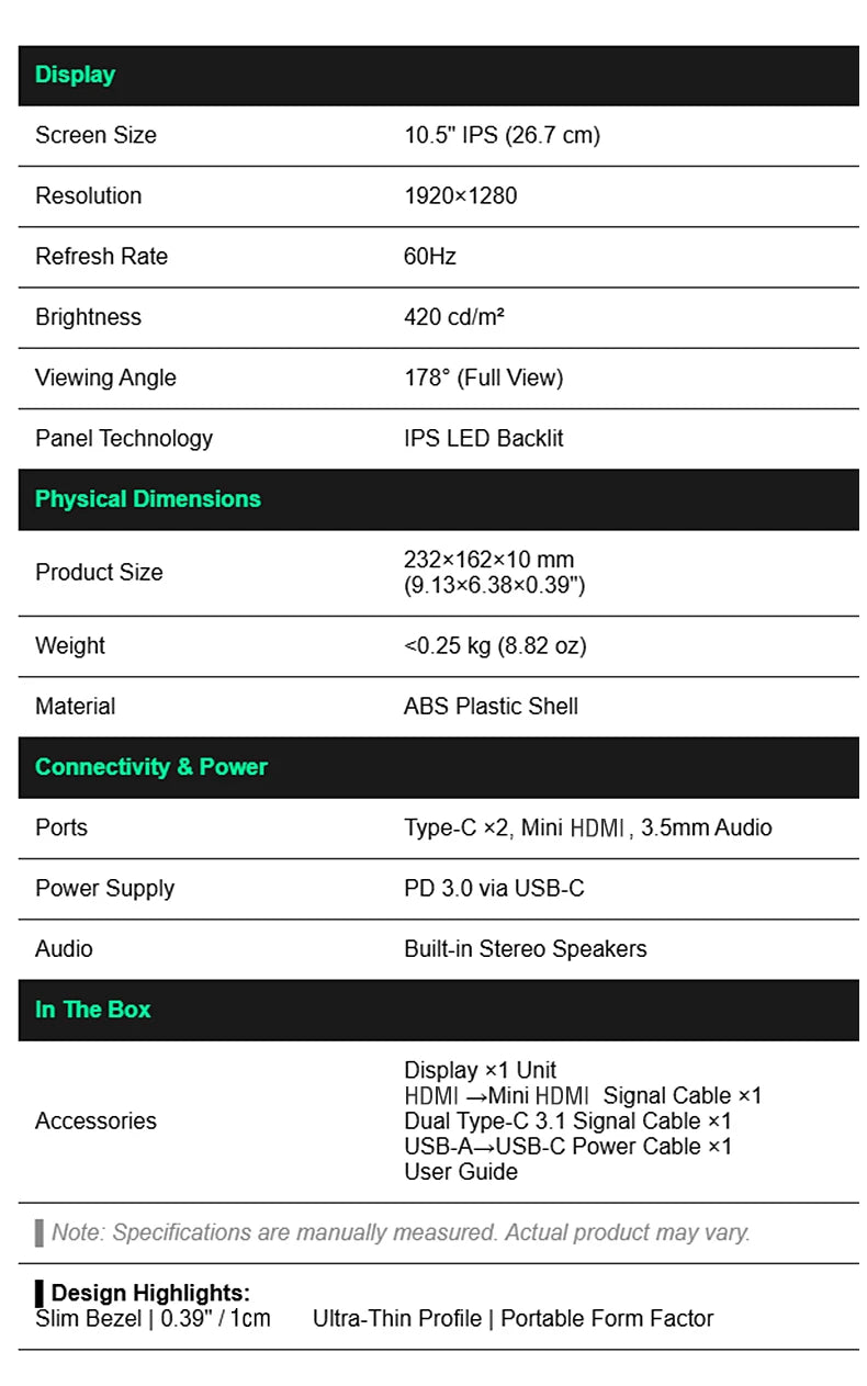 10.5-Inch Portable Monitor 1280P HDR 15:10