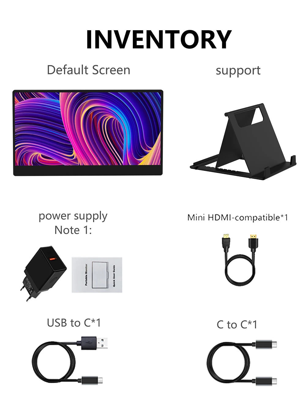 14-inch portable monitor 1366x768, 178°/60Hz, built-in speakers, 2*Type-C, Mini HDMI