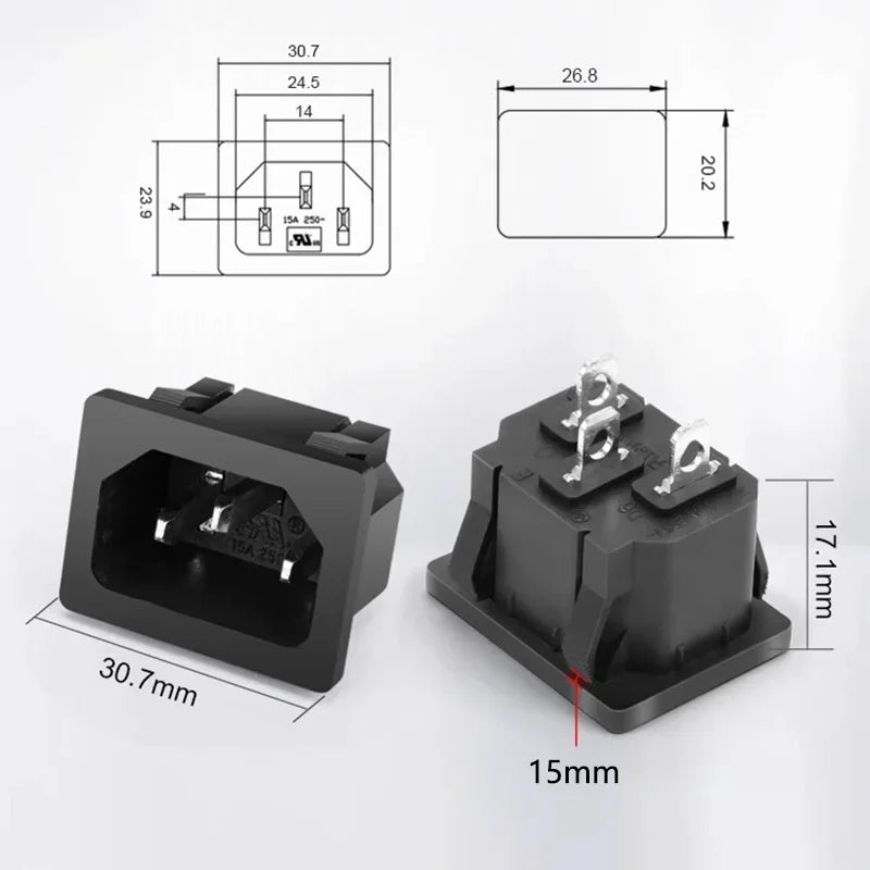 AC Power Socket C14 Inlet Power Industrial Socket Plug LEC320 C14 3Pin Panel Inlet Socket 250VAC 10A