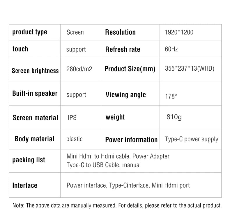 16-Inch Portable Touch Monitor Non-touch optional 1200P HDR 16:10