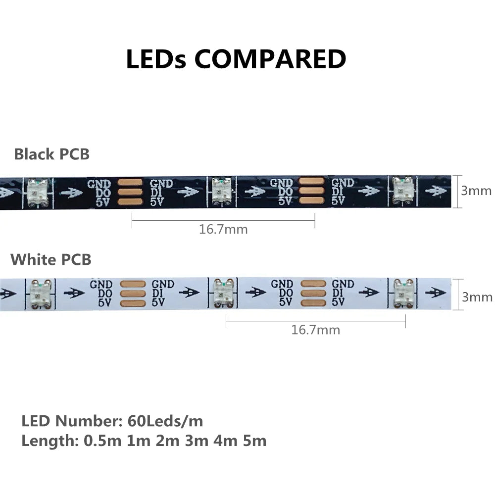 DC 5V 3mm Narrow Width White Black PCB WS2812B LED Strip 60Leds/m 2020 RGB Individually Addressable Dream Color Pixel Light Tape