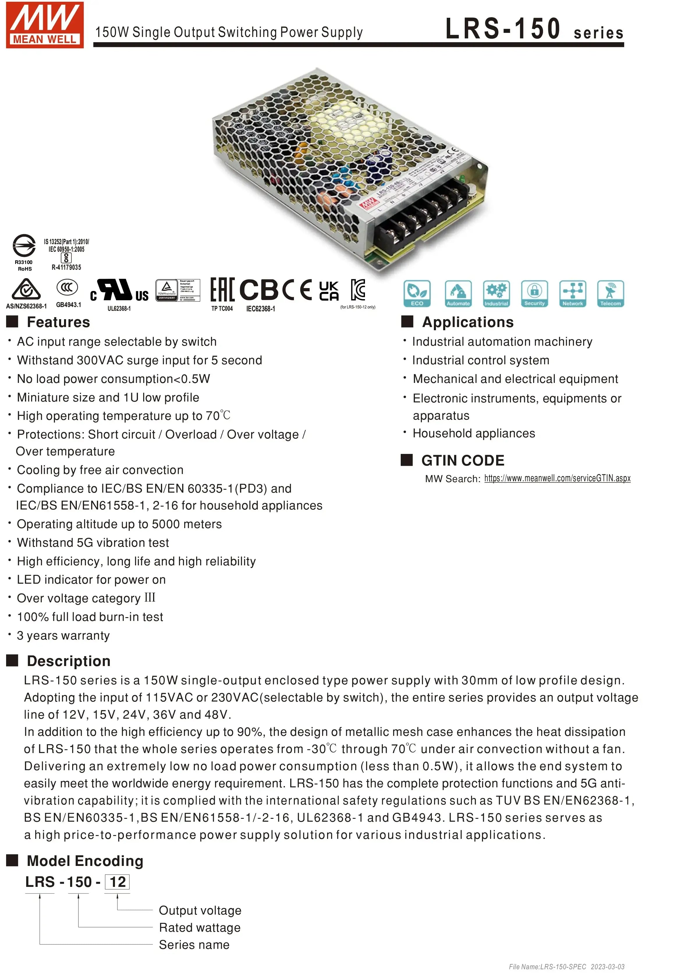 Mean Well AC to DC SMPS Meanwell 5V 12V 15V 24V 48V LRS-50/75/100/150/200/350/450/600 LED Switching Power Supply