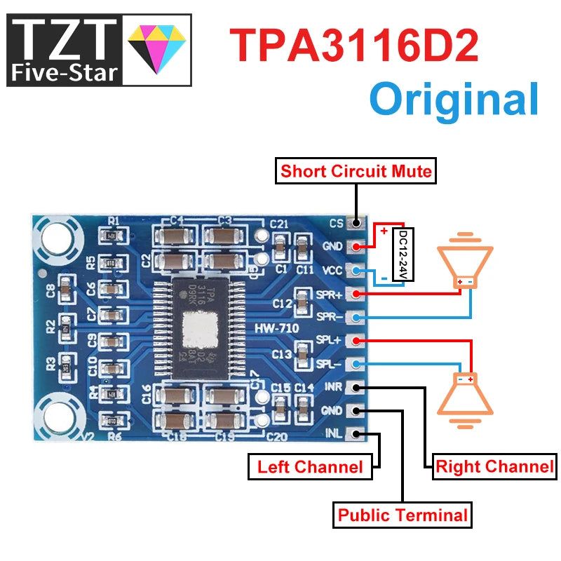 TZT DC 12V-24V 2x50W Dual Channel Mini Digital Amplifier D Class 50W+50W TPA3116D2 XH-M562 Amplifier 50W Power Amplifier Board