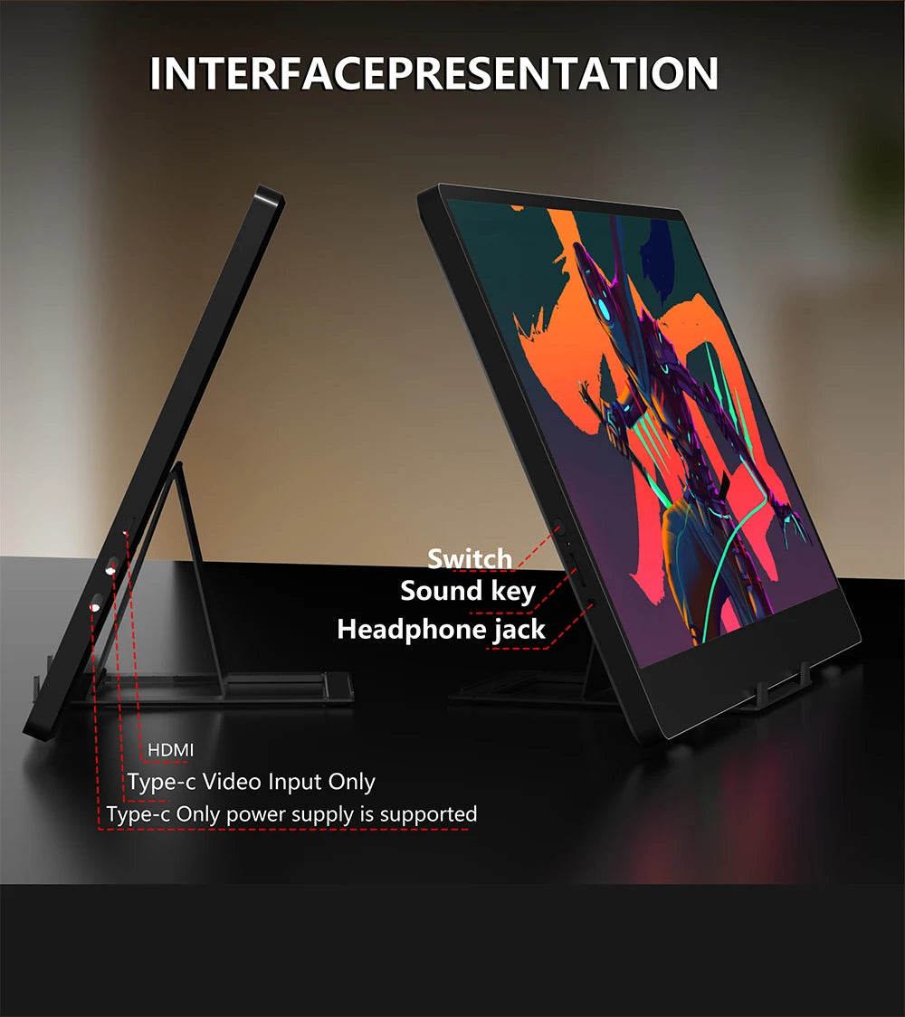 14-inch portable monitor 1366x768, 178°/60Hz, built-in speakers, 2*Type-C, Mini HDMI