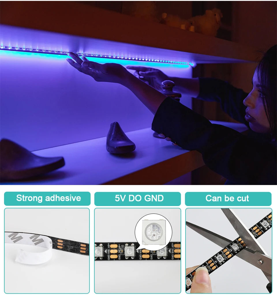 LED Light DC5V Smart Pixel RGB Led Strip Light Individually Addressable IC IP30 IP65 IP67 Magic Tape Light Black PCB
