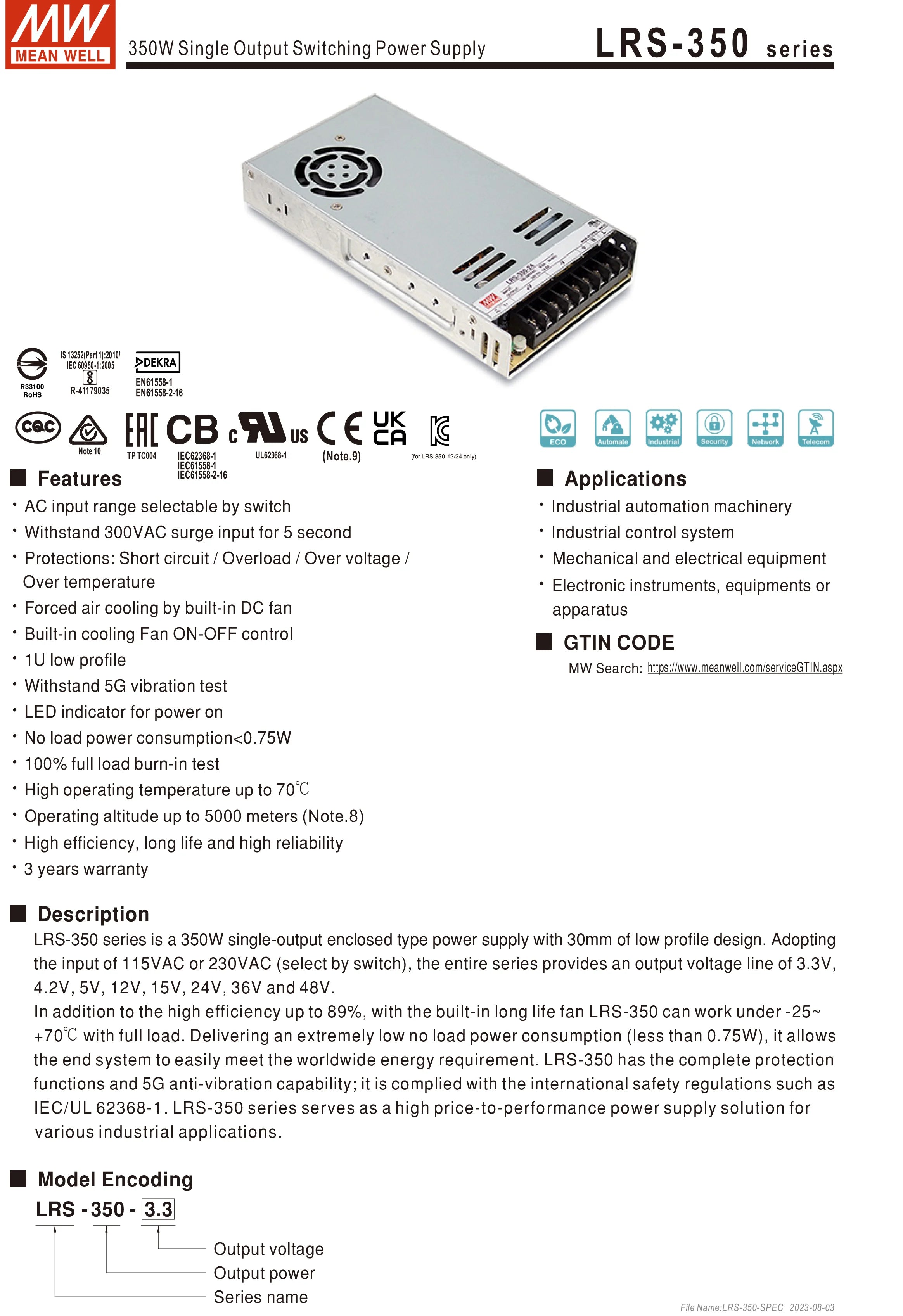 Mean Well AC to DC SMPS Meanwell 5V 12V 15V 24V 48V LRS-50/75/100/150/200/350/450/600 LED Switching Power Supply