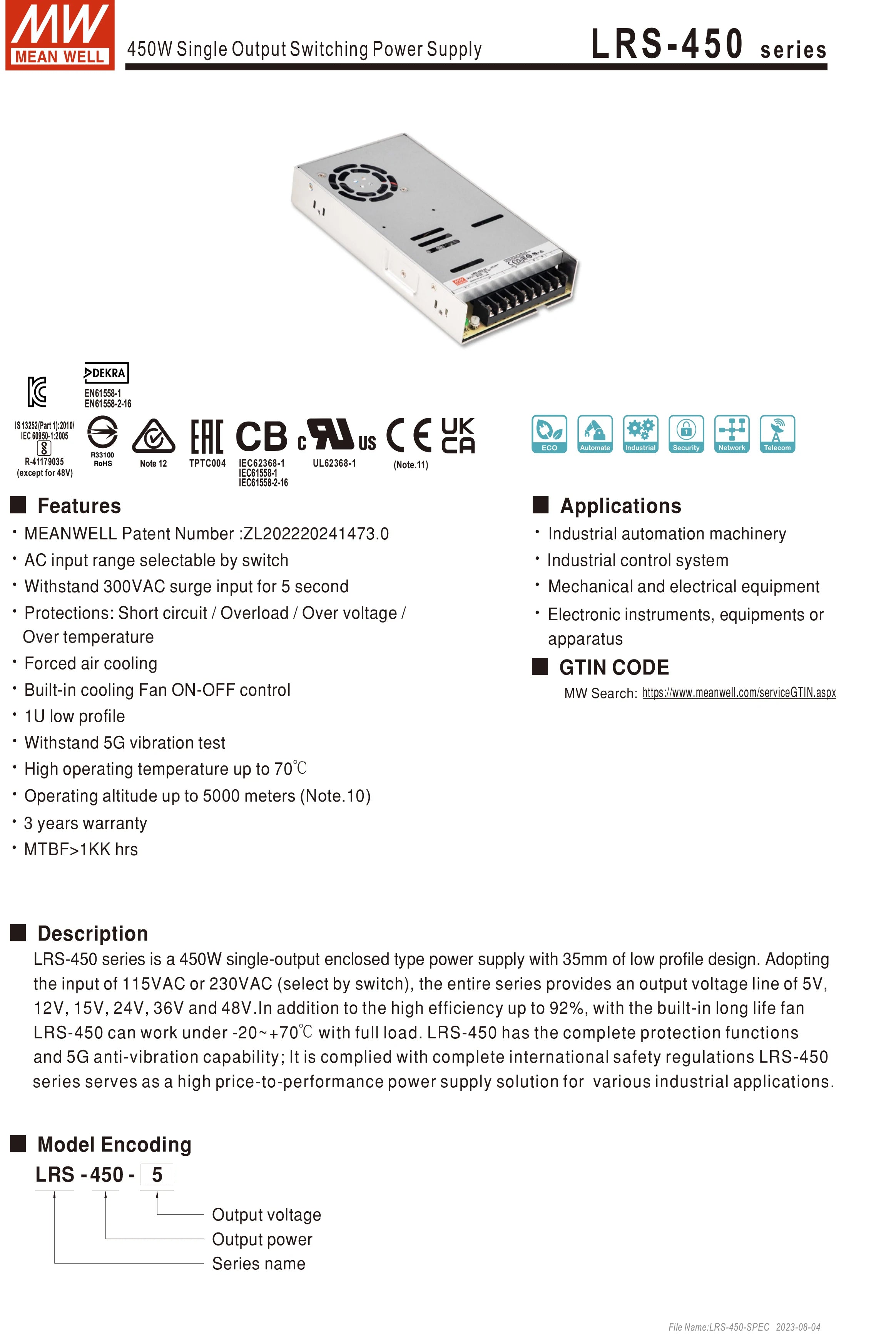 Mean Well AC to DC SMPS Meanwell 5V 12V 15V 24V 48V LRS-50/75/100/150/200/350/450/600 LED Switching Power Supply