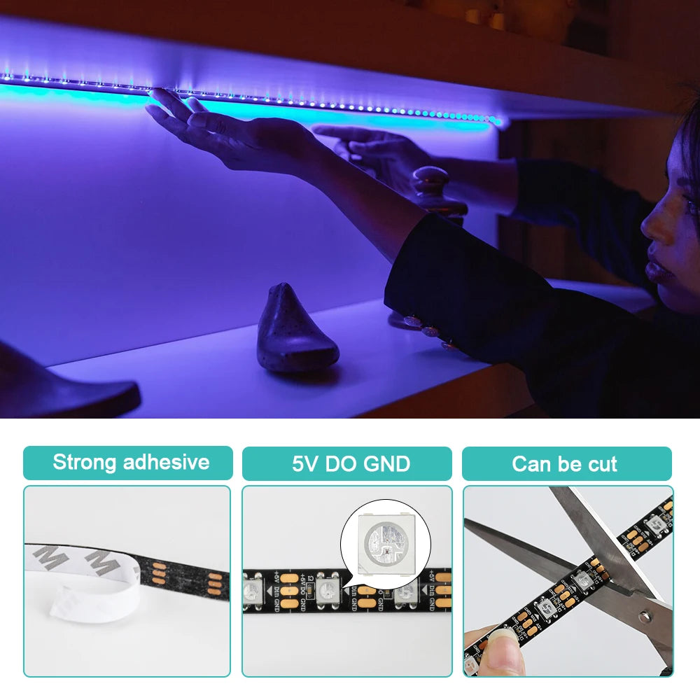 LED Light DC5V Smart Pixel RGB Led Strip Light Individually Addressable IC IP30 IP65 IP67 Magic Tape Light Black PCB