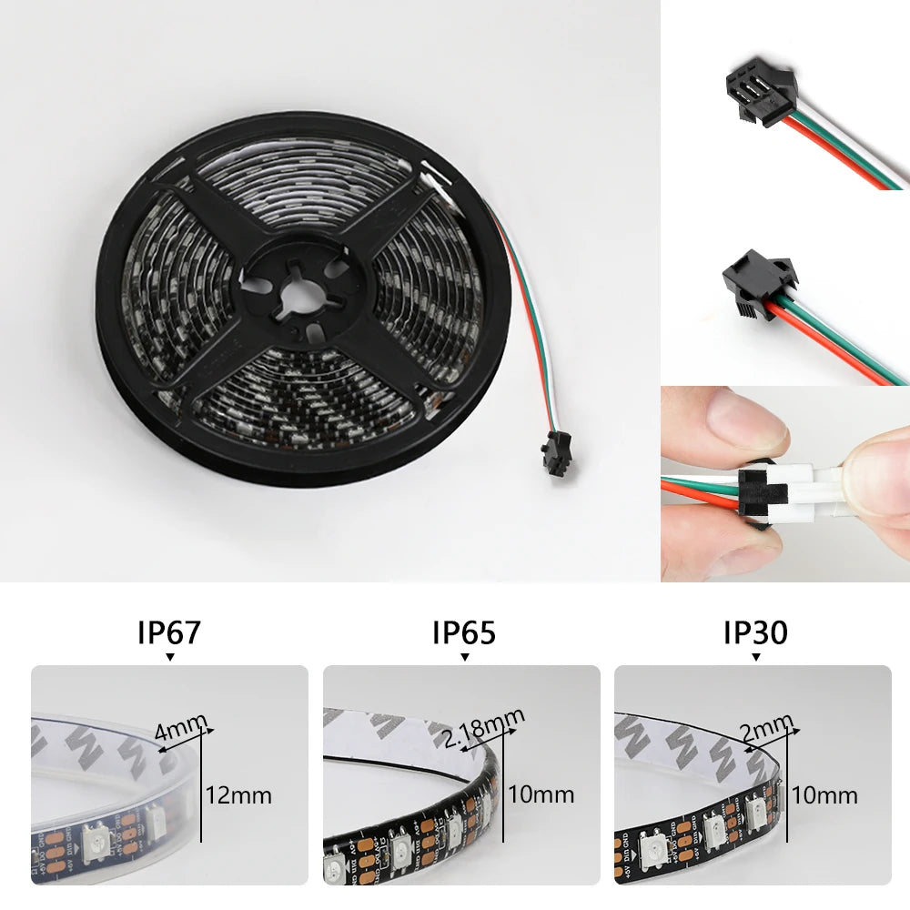 LED Light DC5V Smart Pixel RGB Led Strip Light Individually Addressable IC IP30 IP65 IP67 Magic Tape Light Black PCB