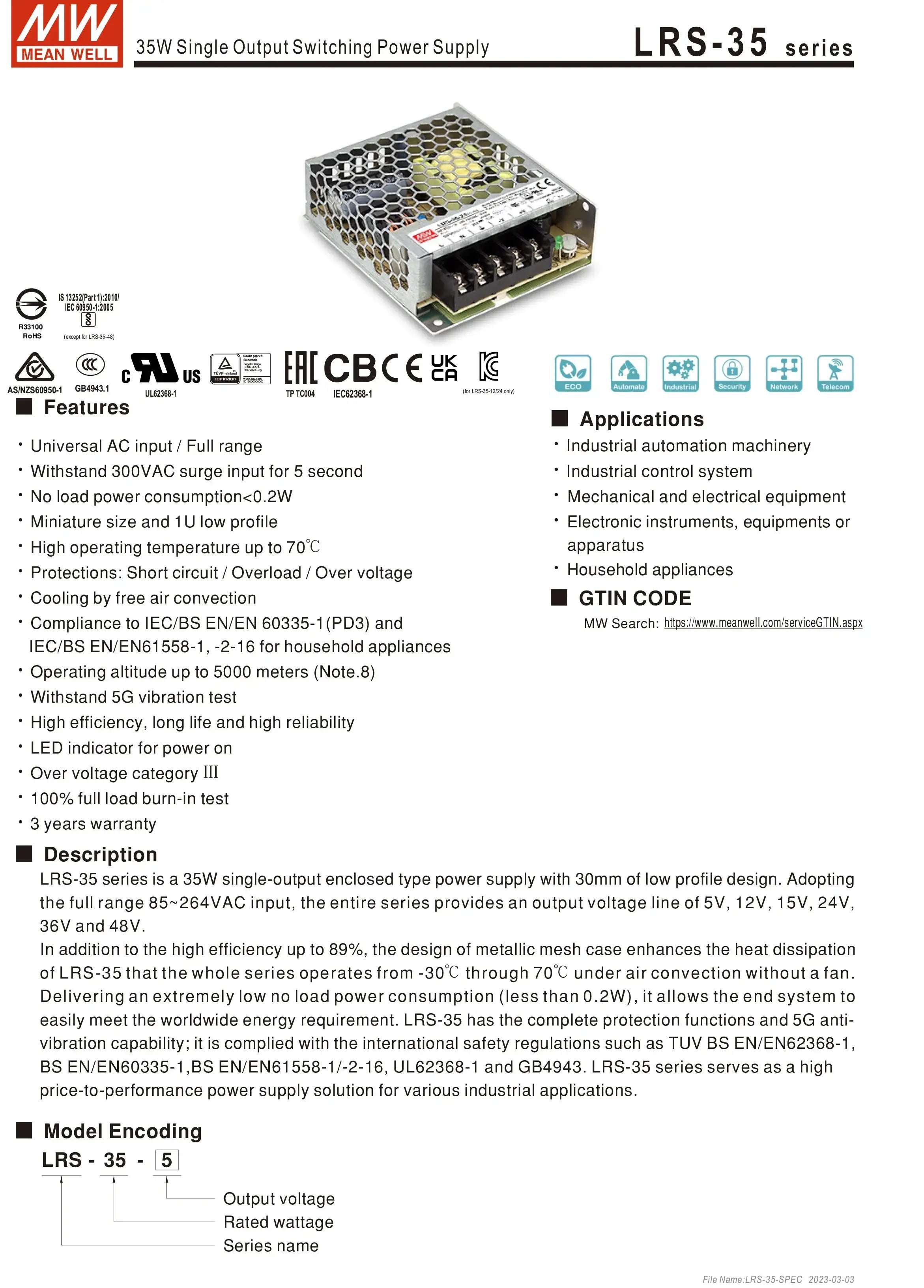 Mean Well AC to DC SMPS Meanwell 5V 12V 15V 24V 48V LRS-50/75/100/150/200/350/450/600 LED Switching Power Supply