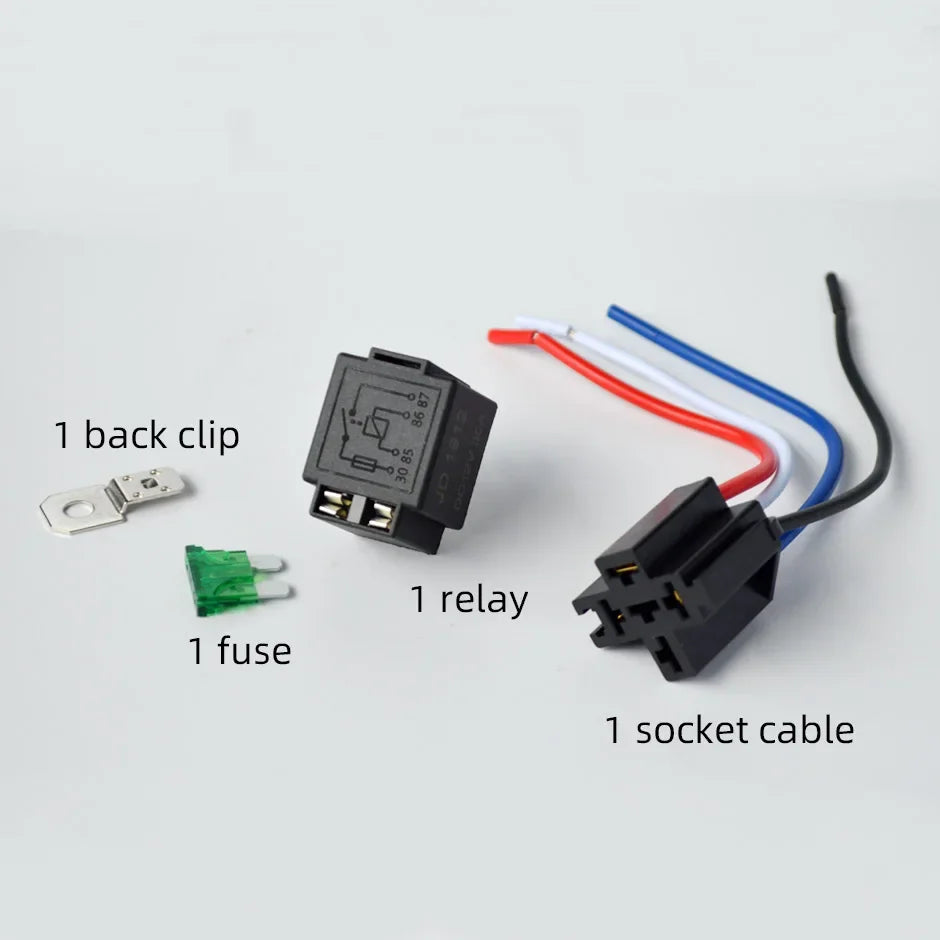 1Set 4-Pin Relay & Fuse 12V DC With Socket Base/Wires/Fuse 30A
