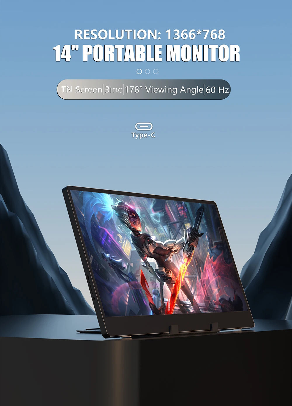14-inch portable monitor 1366x768, 178°/60Hz, built-in speakers, 2*Type-C, Mini HDMI