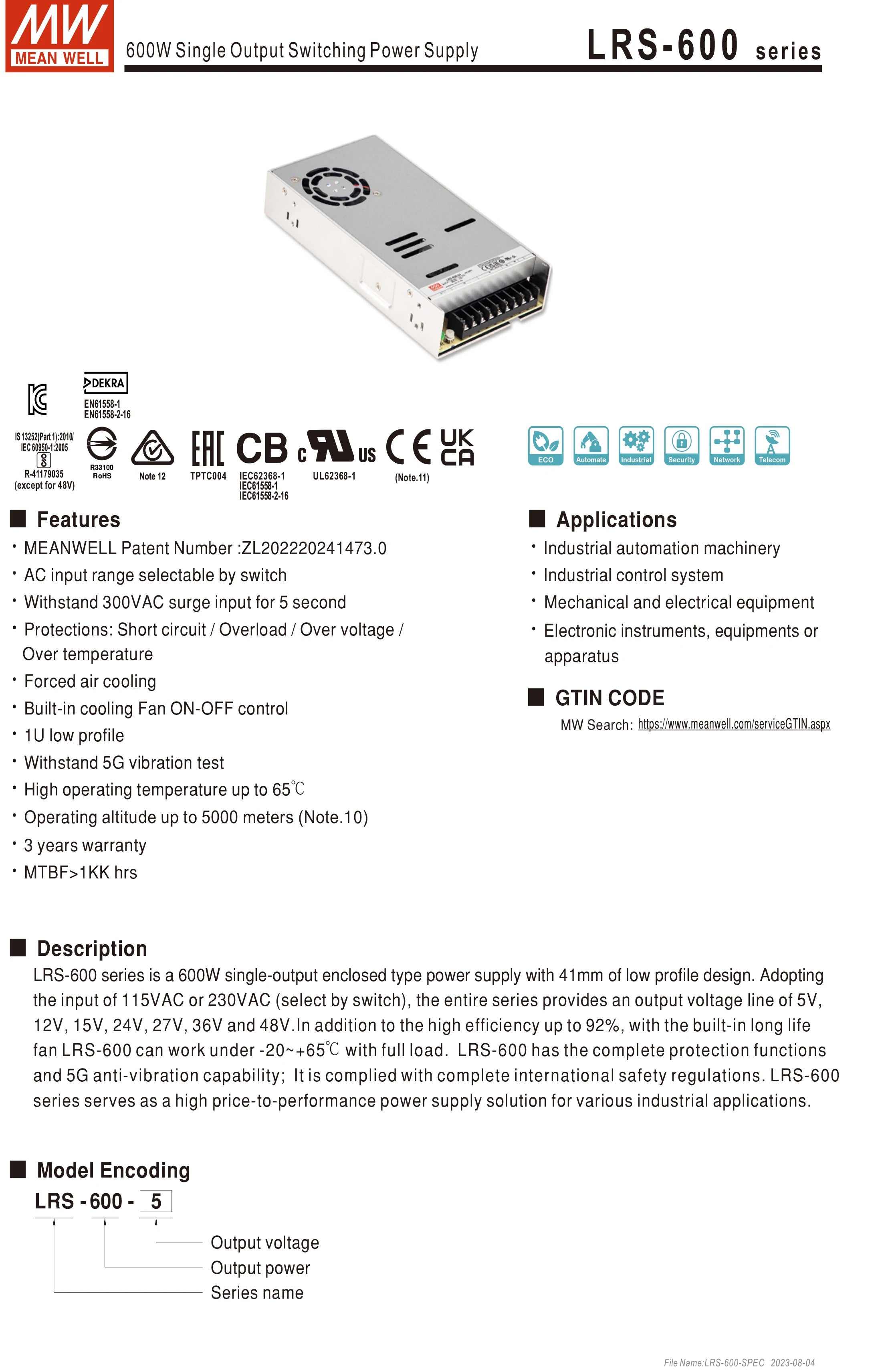 Mean Well AC to DC SMPS Meanwell 5V 12V 15V 24V 48V LRS-50/75/100/150/200/350/450/600 LED Switching Power Supply