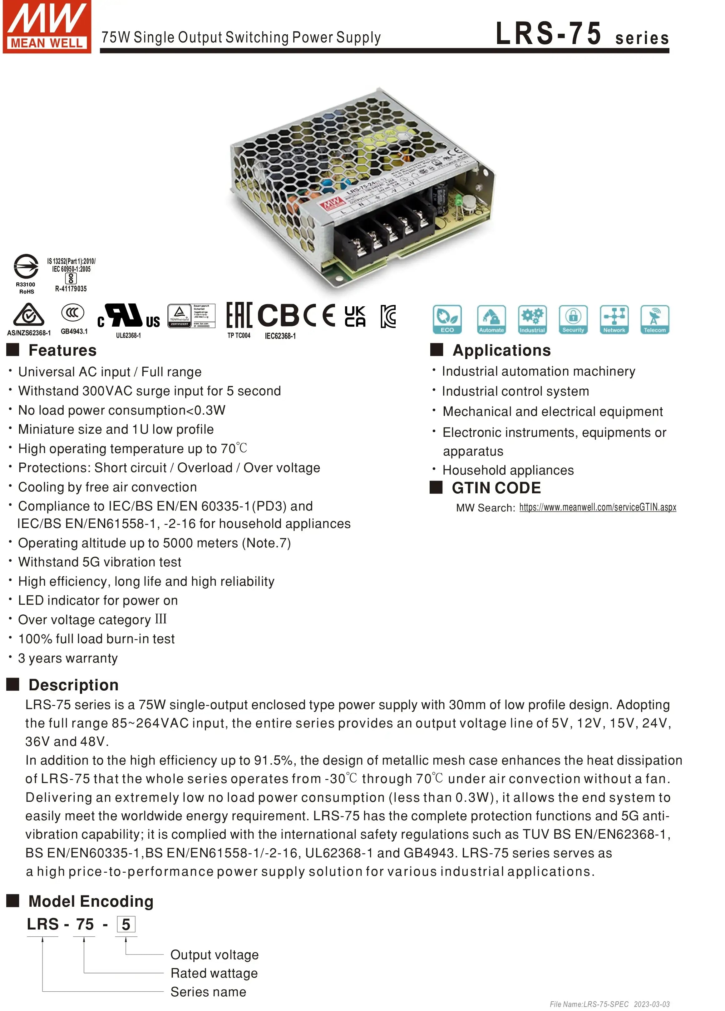 Mean Well AC to DC SMPS Meanwell 5V 12V 15V 24V 48V LRS-50/75/100/150/200/350/450/600 LED Switching Power Supply