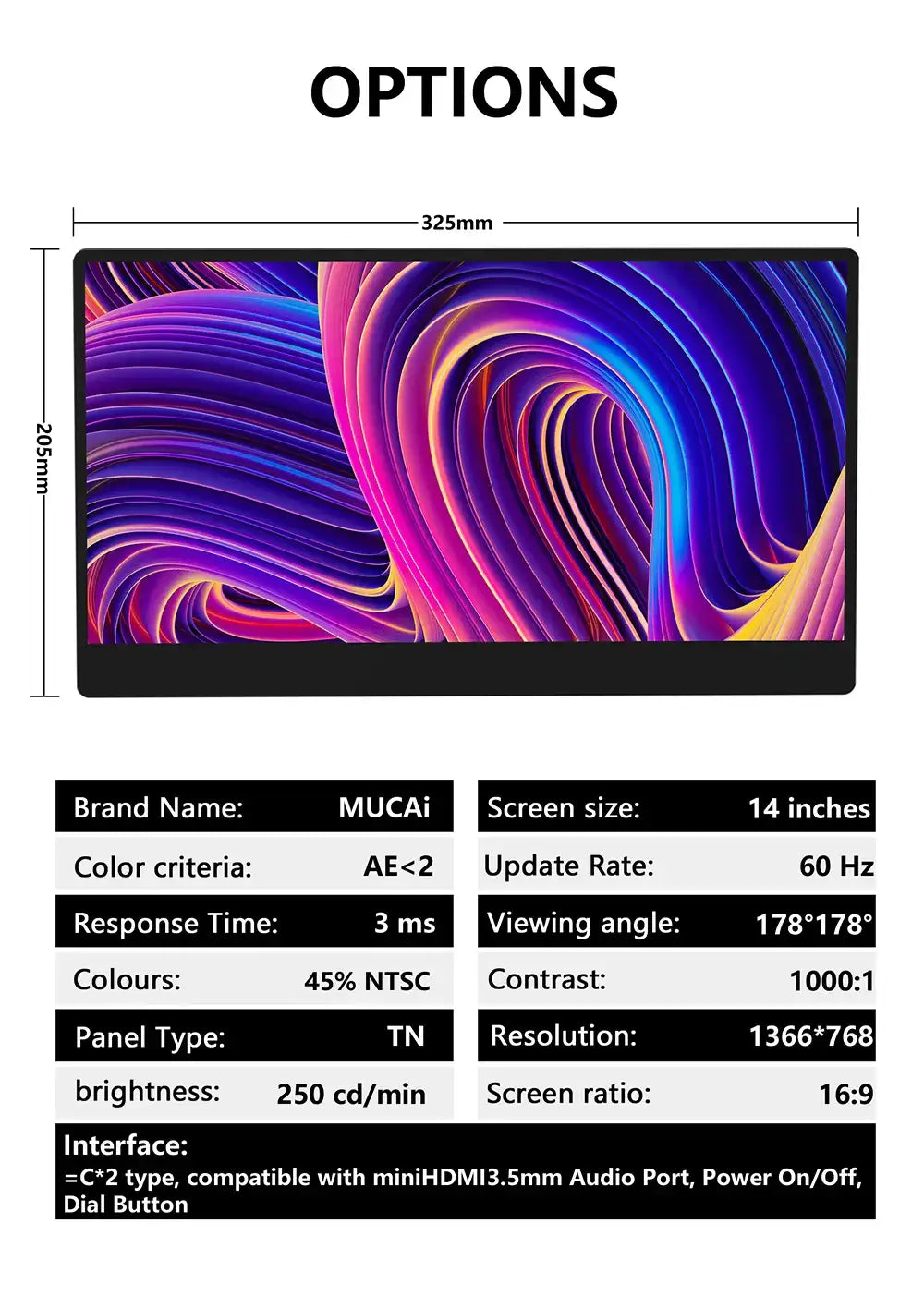 14-inch portable monitor 1366x768, 178°/60Hz, built-in speakers, 2*Type-C, Mini HDMI